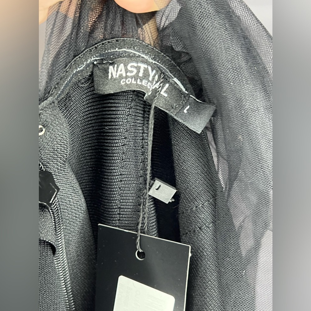 OFF THE SHOULDER MESH SLEEVED MINI BLACK DRESS (109) - Picture 4 of 4